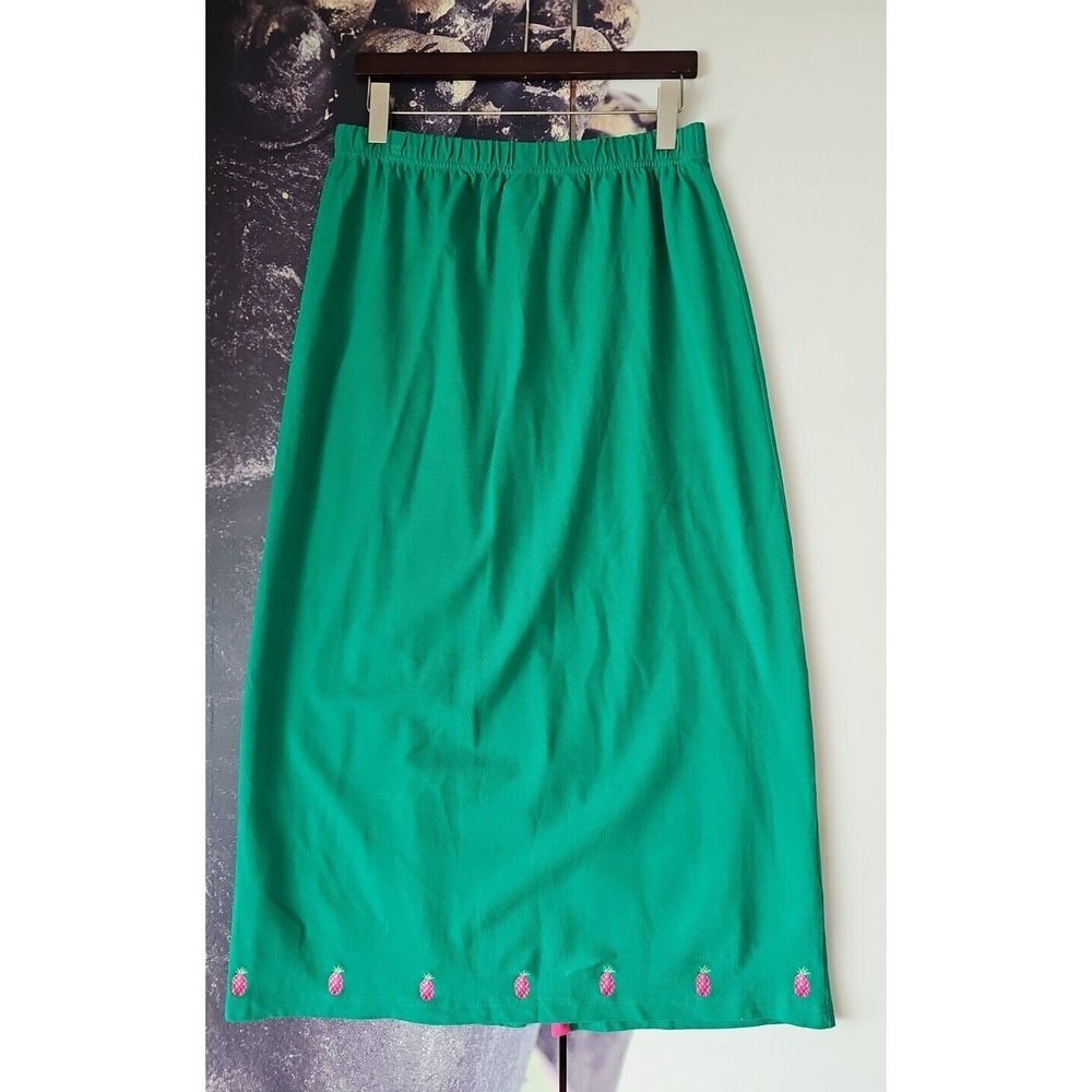 QUACKER FACTORY Green Stretch Knit A-Line Midi Embroider Trim Rear Slit Skirt 1X